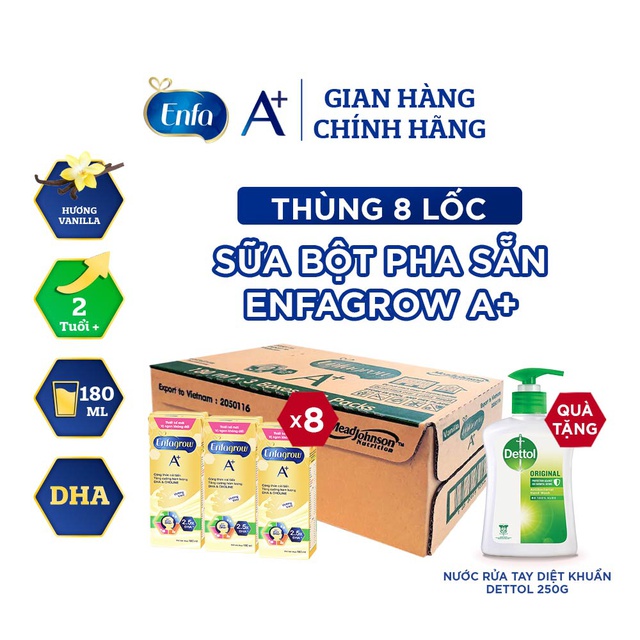 [Tặng Nước Rửa Tay Diệt Khuẩn Dettol 250g] Thùng 24 Hộp Sữa Bột Pha Sẵn Enfagrow A+ Hương Vị Vanilla 180ml/hộp