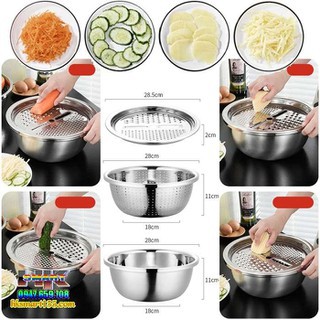 Bộ Rô Nạo INOX Kèm Chậu Đa Năng 3 Trong 1 Bát Inox Trộn Rau Củ Kèm Bộ Nạo Đa Năng bokisd.store