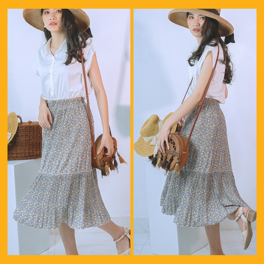 Chân váy hoa nhí dáng dài vintage xếp li 2 tầng nhiều màu hàng cao cấp | BigBuy360 - bigbuy360.vn