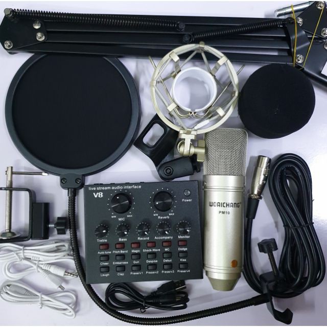 combo bộ míc thu âm hát livestream hát karaoke online micro woaichang bm900 card v8 chân kẹp màng lọc