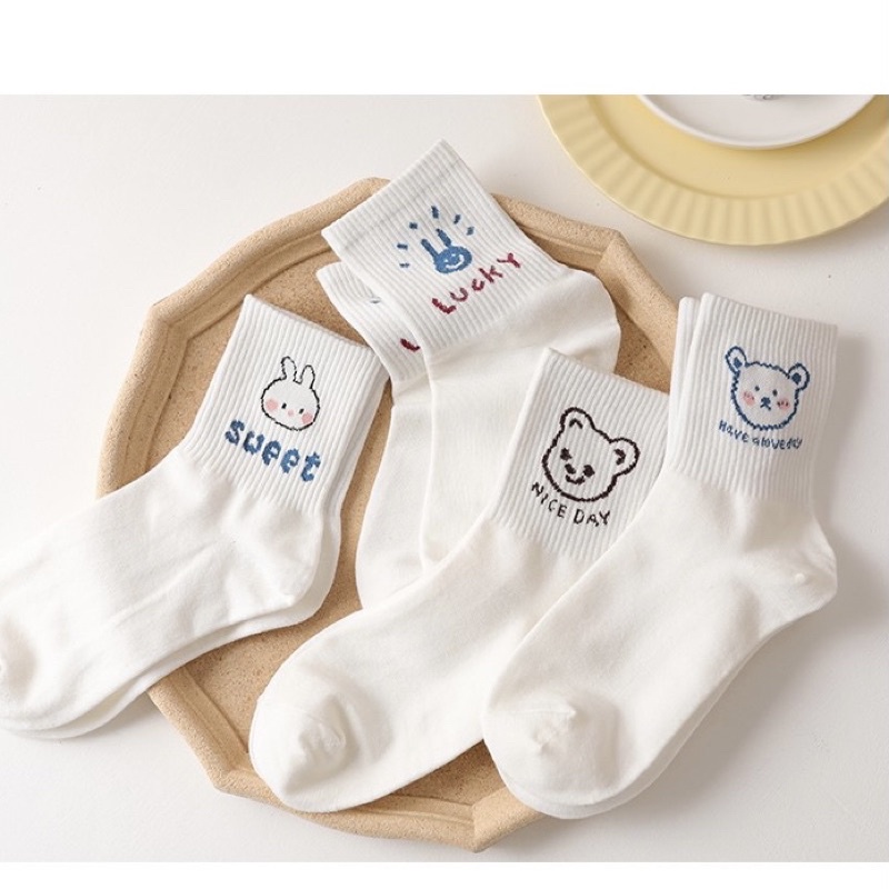 Set tất cổ cao hình gấu siêu cute, Tất trắng cổ cao đáng yêu kèm chữ và hoạ tiết hình gấu
