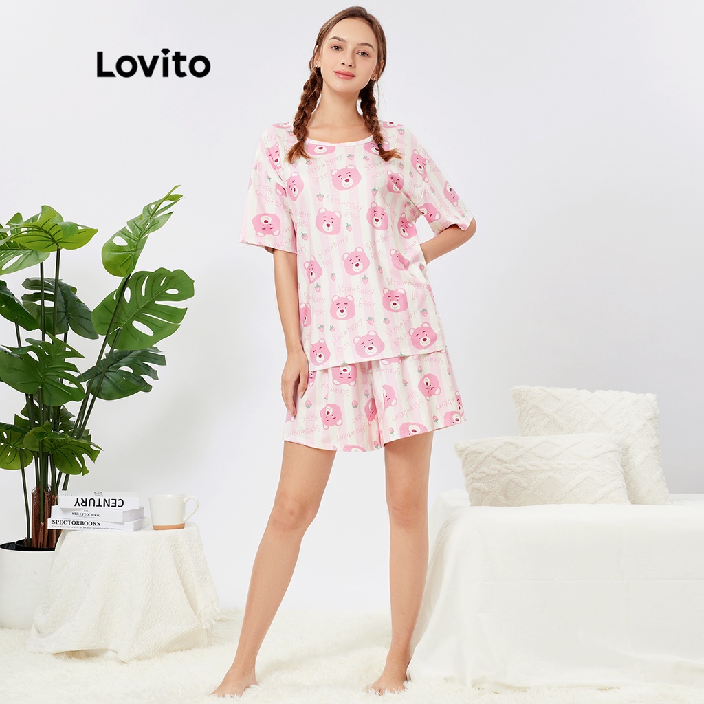 Set pajamas Lovito họa tiết hoạt hình đáng yêu cơ bản thoáng khí L26AD082 (màu hồng nhạt)