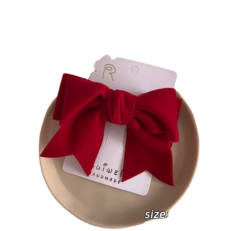 Kẹp tóc đính nơ vải nhung màu đỏ phong cách Trung Hoa thời trang cho nữ