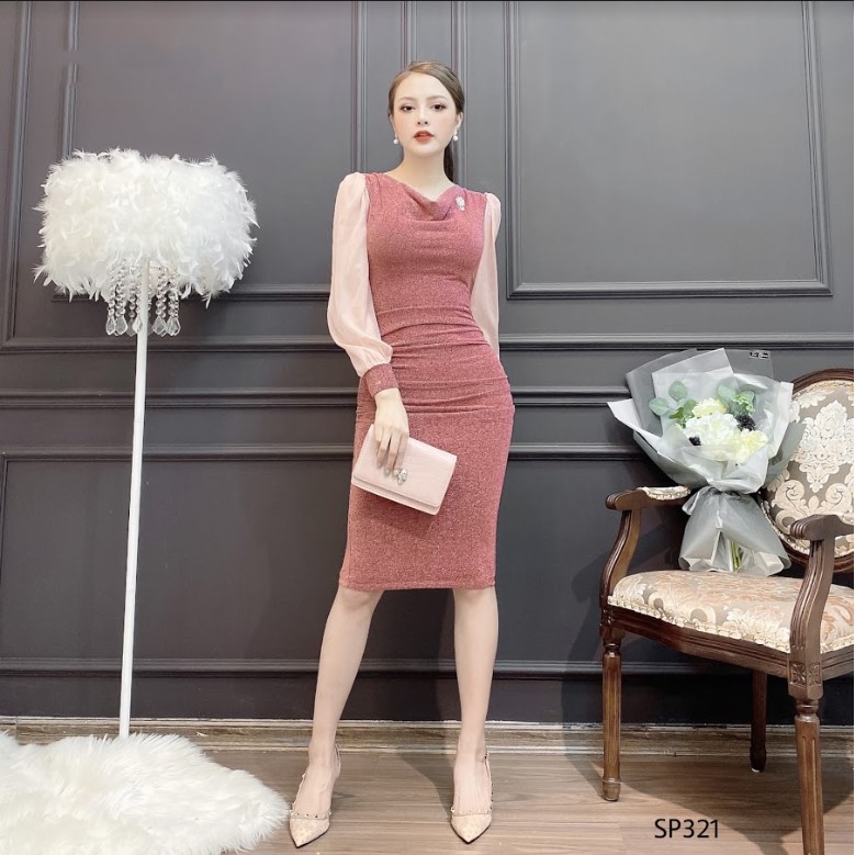 CRYS Đầm nhũ phối tay tơ tag đá, đầm body dự tiệc sang trọng SP321 | BigBuy360 - bigbuy360.vn