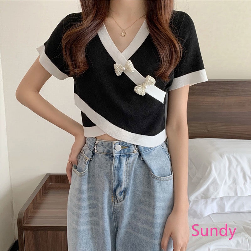 Áo croptop tay ngắn cổ chữ v phối nơ thời trang mùa hè cho nữ