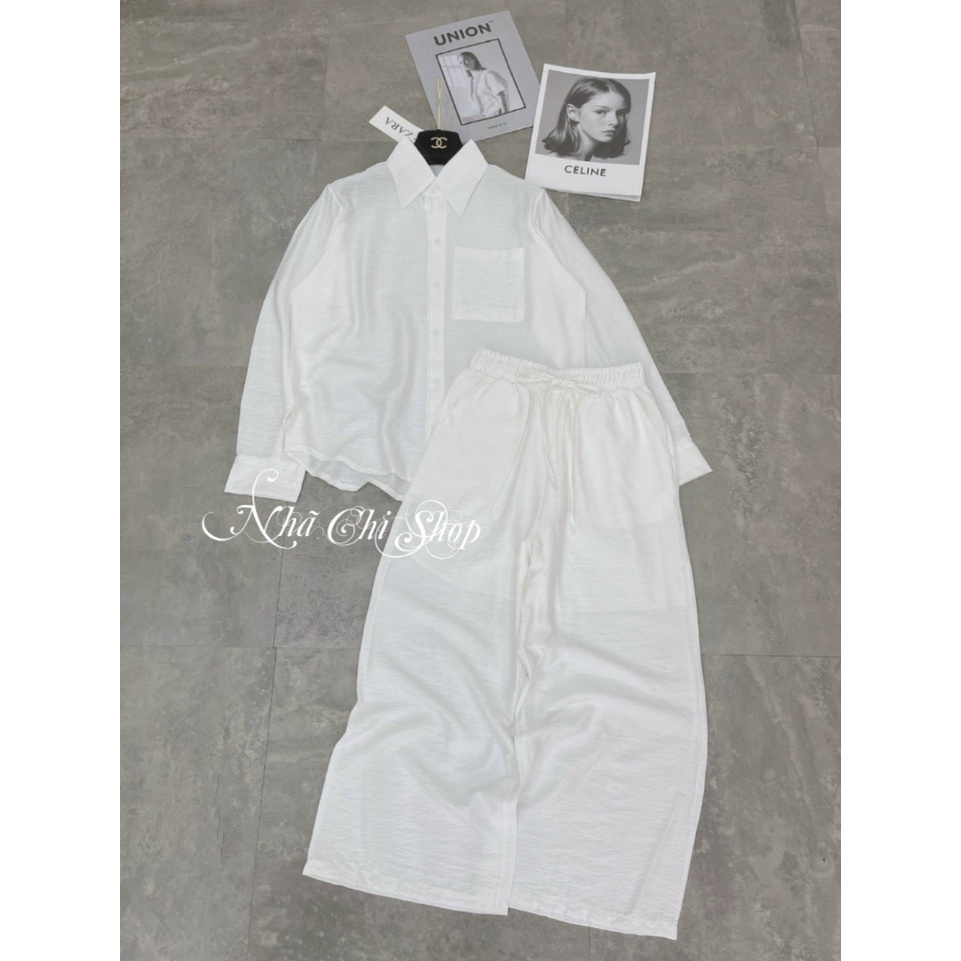 Set Sơ Mi Trắng Dài Tay Mix Quần Ống Rộng Sang Trọng Set đồ nữ đẹp mặc đi chơi, đi biển-Hàng Thiết Kế Size S M,L XL-SD1