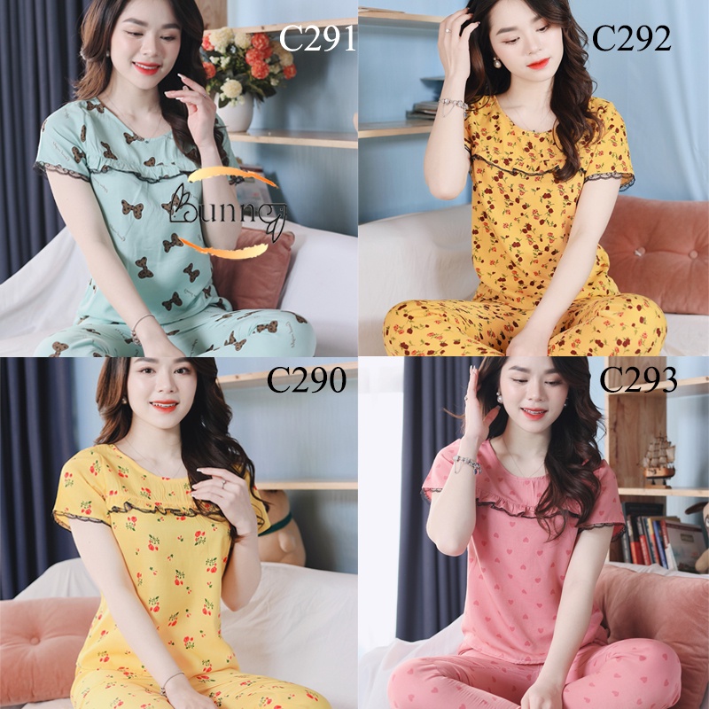{BUNNY} ĐỒ BỘ NỮ, QUẦN ÁO NỮ MẶC NHÀ, SAU SINH THOẢI MÁI, KIỂU CỔ TRÒN HOẠ TIẾT NHẸ NHÀNG