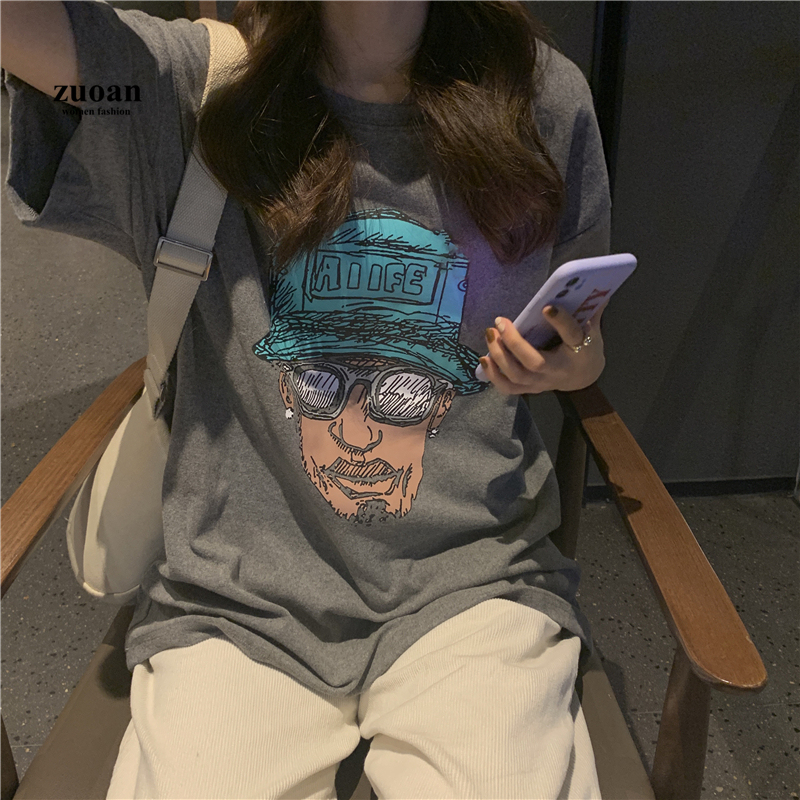 SUXI Áo sơ mi in chân dung cổ điển dài vừa phải tay lửng thời trang