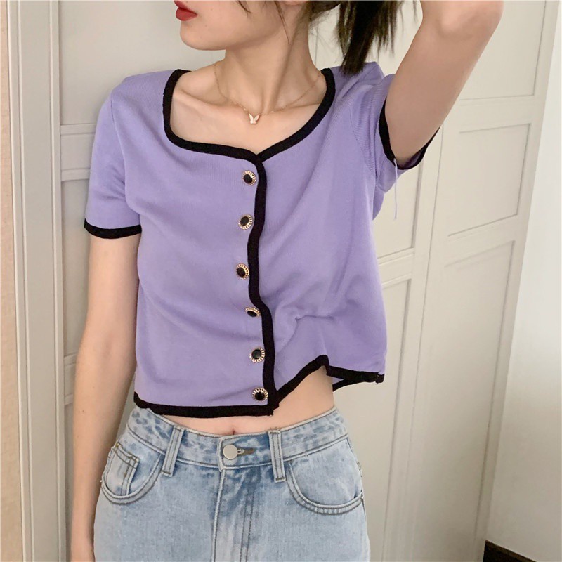 Áo kiểu dệt kim tay ngắn thời trang mùa hè cho nữ