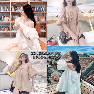 Áo trễ vai chun eo tay bo màu be - trắng ulzzang