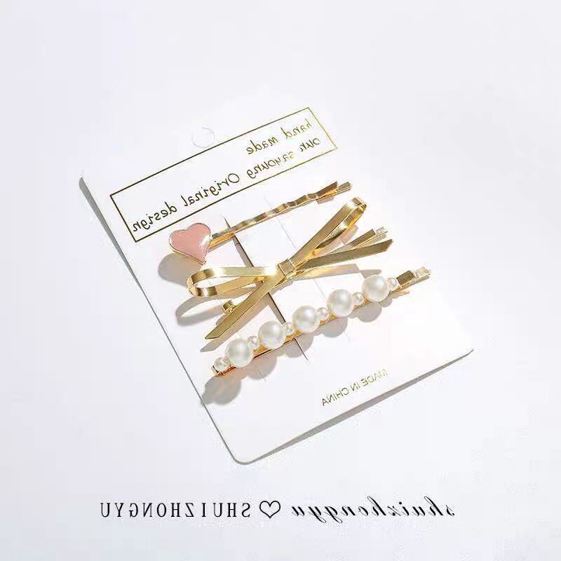 Set kẹp tóc hình trái tim đính nơ/ngọc trai/ trái tim màu hồng dễ thương phong cách Hàn Quốc cho nữ