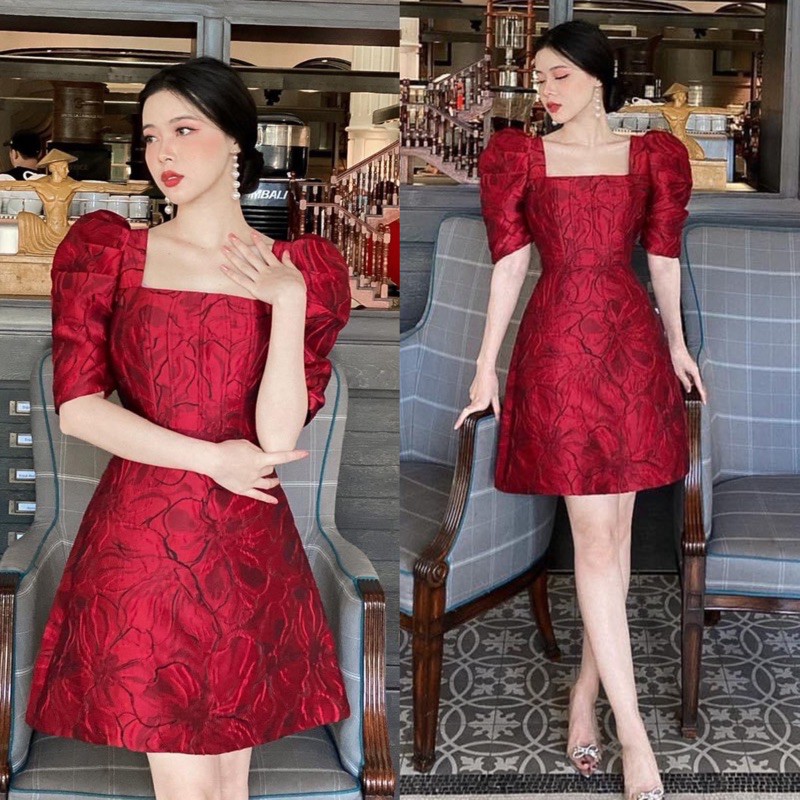 Váy tay bồng cổ vuông gấm xinh xắn 2 màu | BigBuy360 - bigbuy360.vn