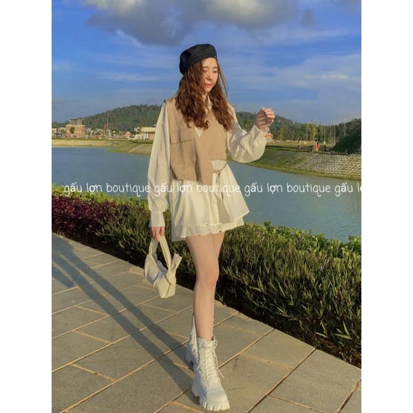 set áo sơ mi kèm áo gile ulzzang ảnh thật