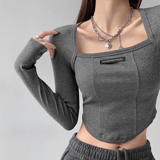 Áo thun tay dài cổ vuông phong cách Hàn Quốc thời trang mùa thu cho nữ