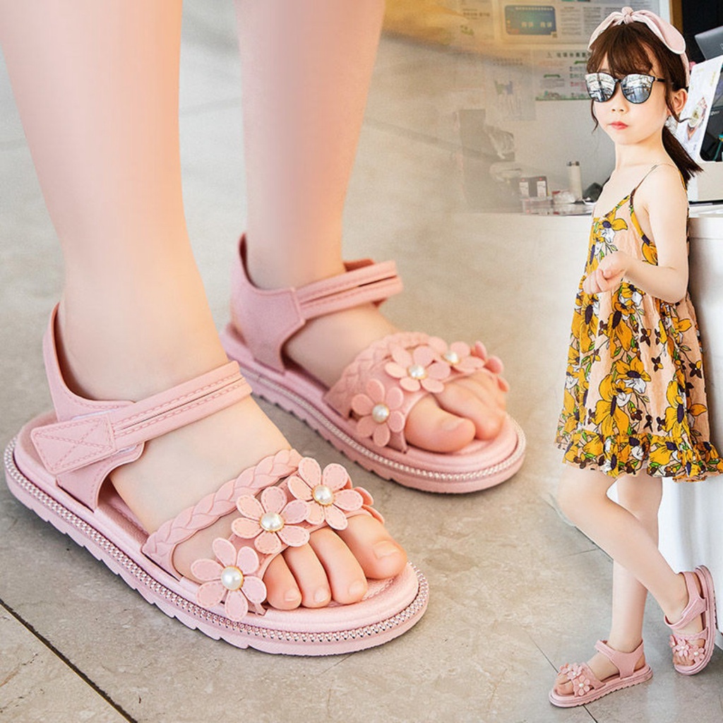 Giày cao su quai dán cho bé gái đính 3 hoa mai siêu êm chân tiểu thư