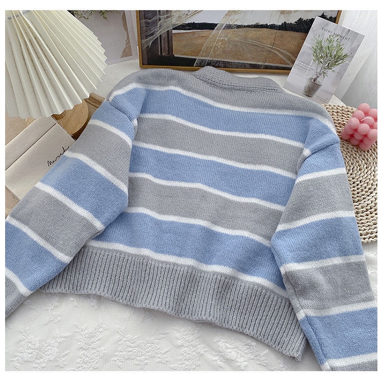 Áo Sweater Dệt Kim Mỏng Dáng Rộng Tay Dài Kẻ Sọc Màu Sắc Tương Phản Thời Trang Mùa Thu Cho Nữ