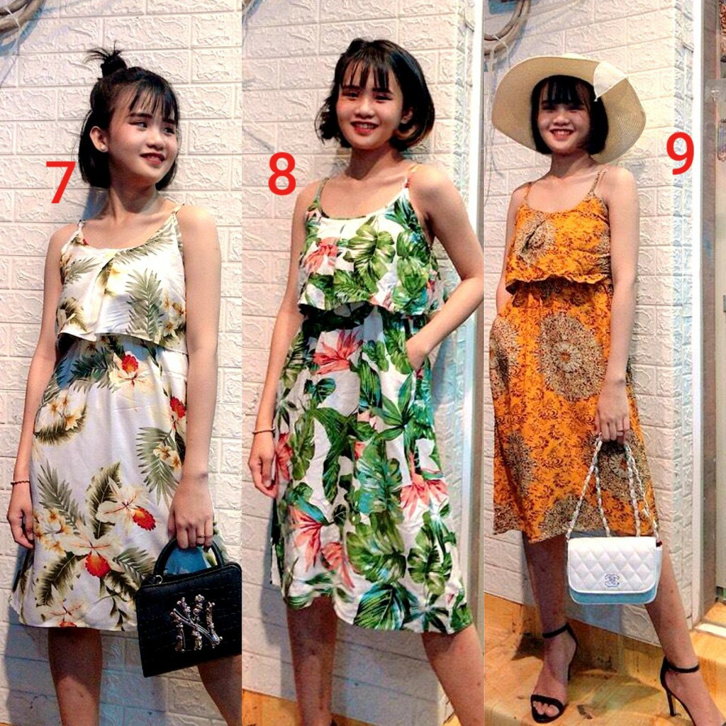 Đầm lanh 2 dây, thổ cẩm, trái cây