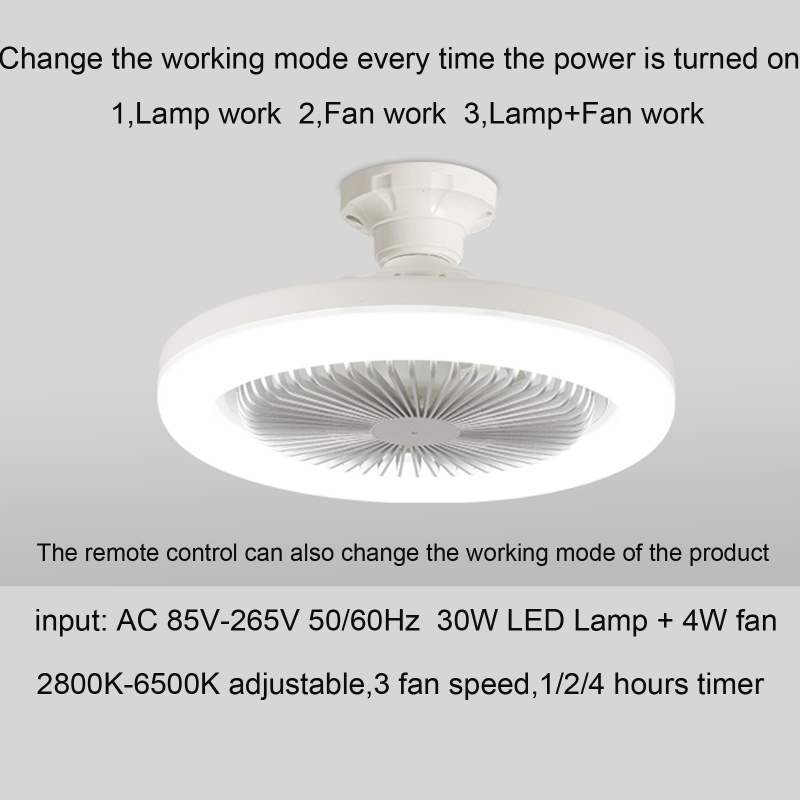 Quạt Trần Đèn LED 30W 2 Trong 1 AC 86V-265V E27 Có Thể Điều Chỉnh 3 Màu