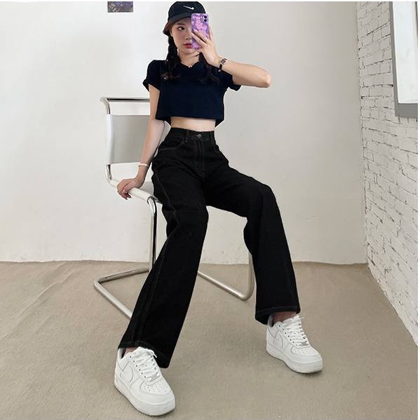 SUXI Quần jean nữ lưng cao ống rộng kiểu Hàn Quốc