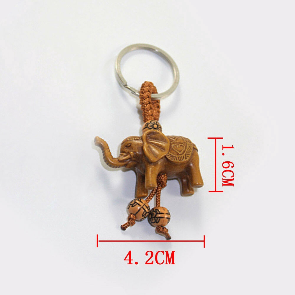 Lucky Elephant Carving Wooden Pendant Keychain Key Chain Ring Evil Defends