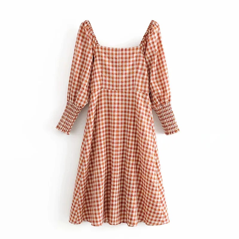 Zara Morocco full tag - Đầm Zara kẻ karo nâu khuy gỗ siêu xịn sò DK6BTG69N9