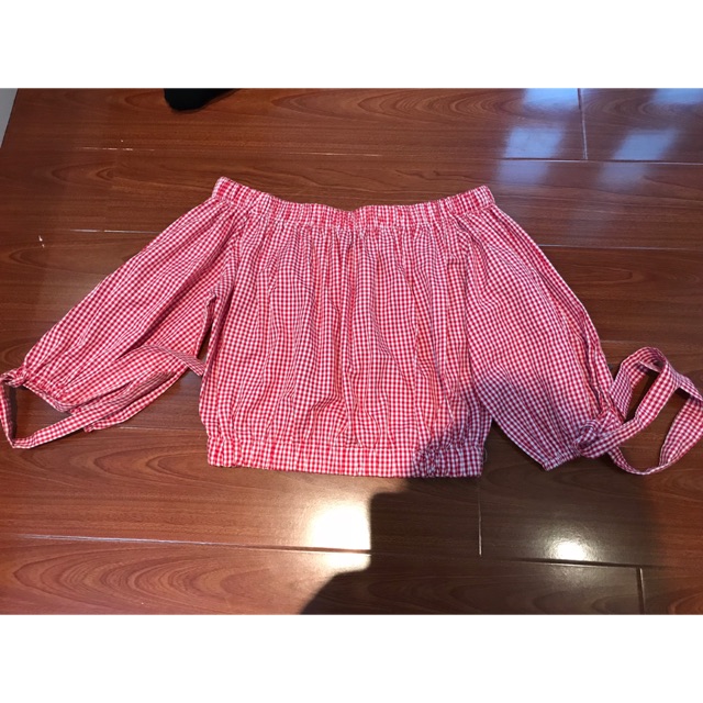 Áo trễ vai kẻ caro zara xuất khẩu