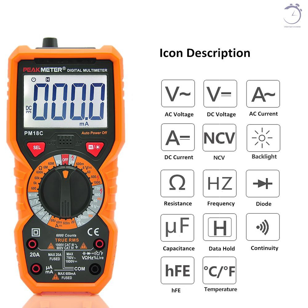 PEAKMETER PM18C True RMS Đồng hồ vạn năng kỹ thuật số đa chức năng Đo điện áp AC / DC Điện trở hiện tại Điện dung Tần số Nhiệt độ hFE NCV Live Line Tester♠