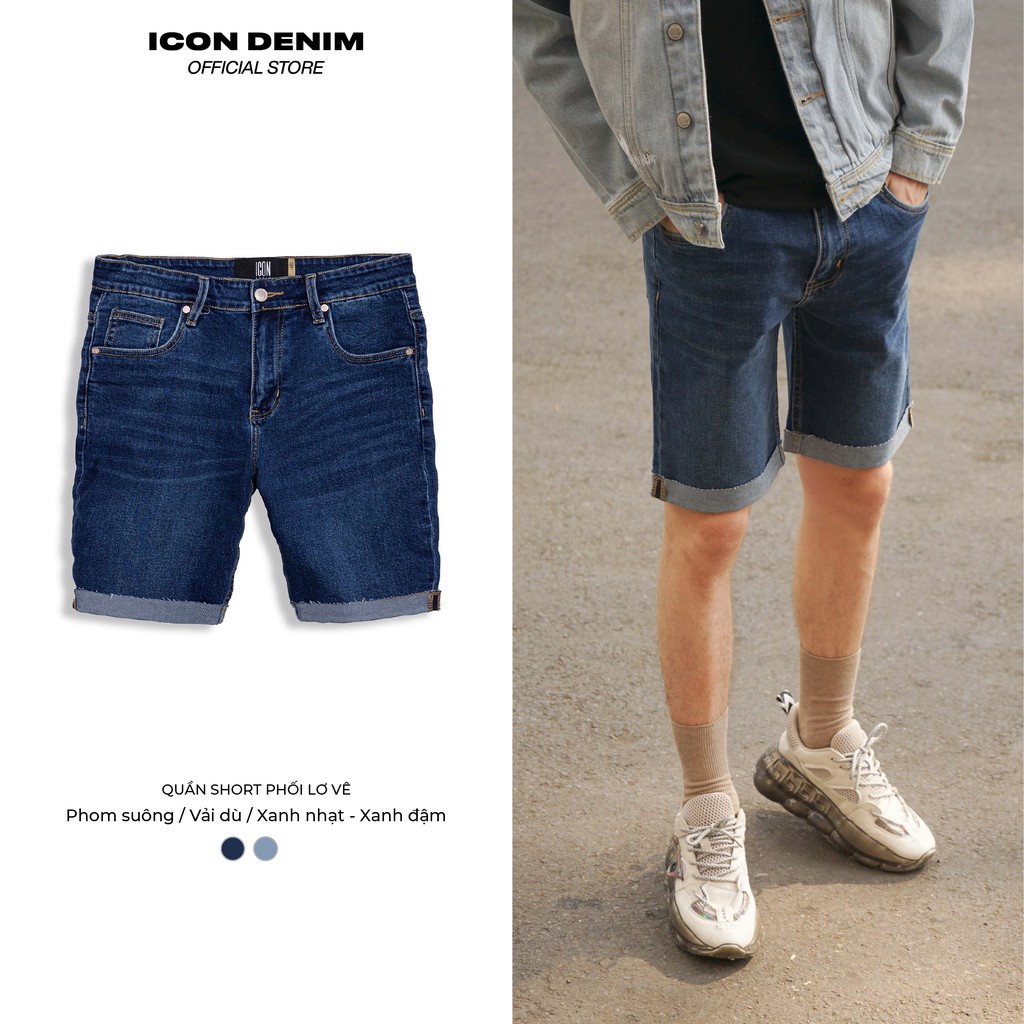 Quần Short Jean Nam ICON DENIM Phối Lơ Vê Blue Wash