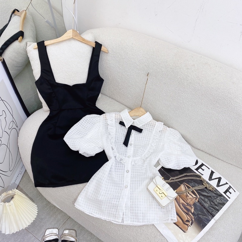 SET ÁO SƠ MI TAY BÚP VIỀN BÈO + YẾM ĐEN
