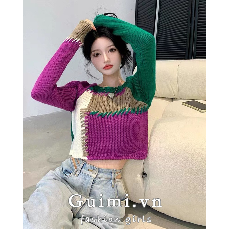Áo sweater Cổ Vuông Dáng Ôm Phối Màu Tương Phản Thời Trang Cho Nữ