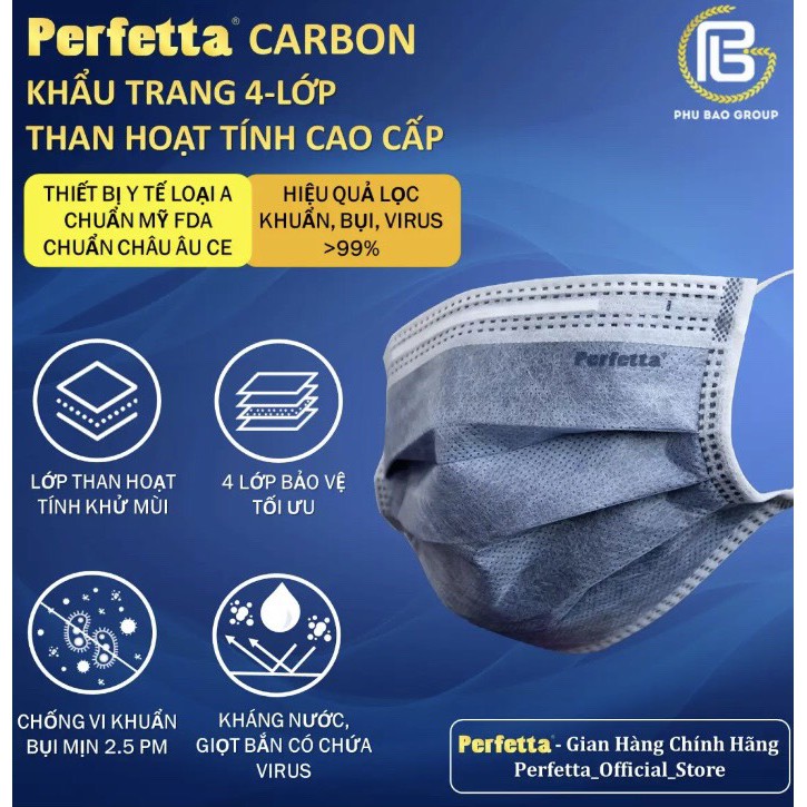 Combo 4 Hộp Khảu Trang Y Tế Cao Cấp Perfetta Carbon 4 Lớp Than Hoạt Tính
