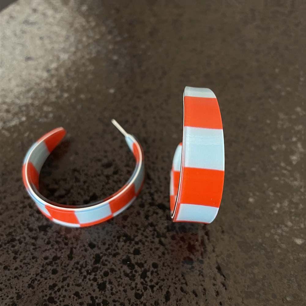 Bông Tai Mạ Bạc 925 Hình Chữ C Họa Tiết Sọc Caro Trắng Đen Phong Cách Retro|Khuyên Tai Họa Tiết Hình Học Độc Đáo