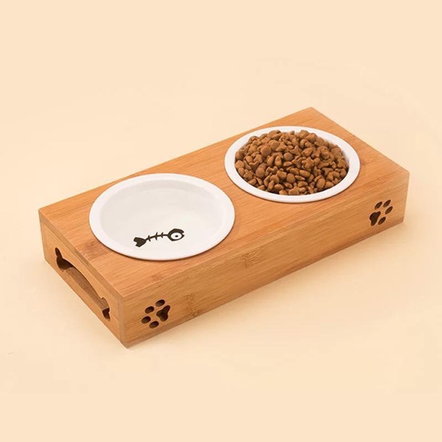 Bát ăn khung gỗ tháo rời bằng gốm cao cấp cho cún mèo🥣