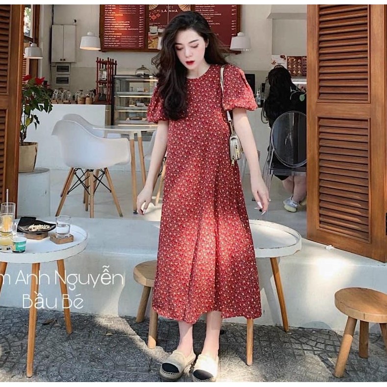 Đầm suông nữ tay phồng hoa thô màu đỏ Bing | BigBuy360 - bigbuy360.vn
