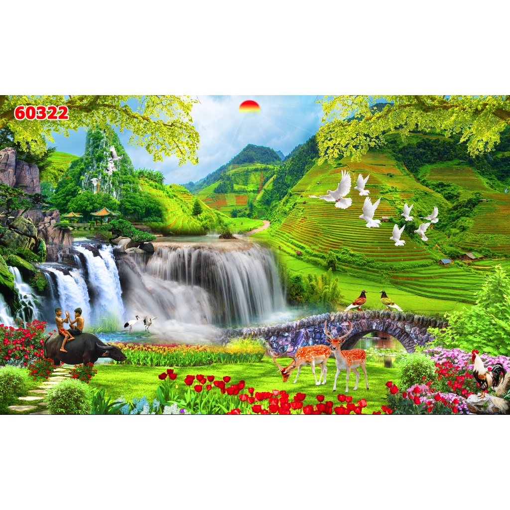 Tranh 3D phong cảnh thác nước chảy, sông suối nên thơ