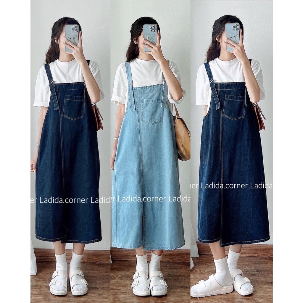 yếm jean dáng dài điều chỉnh được dây có ba màu ladida