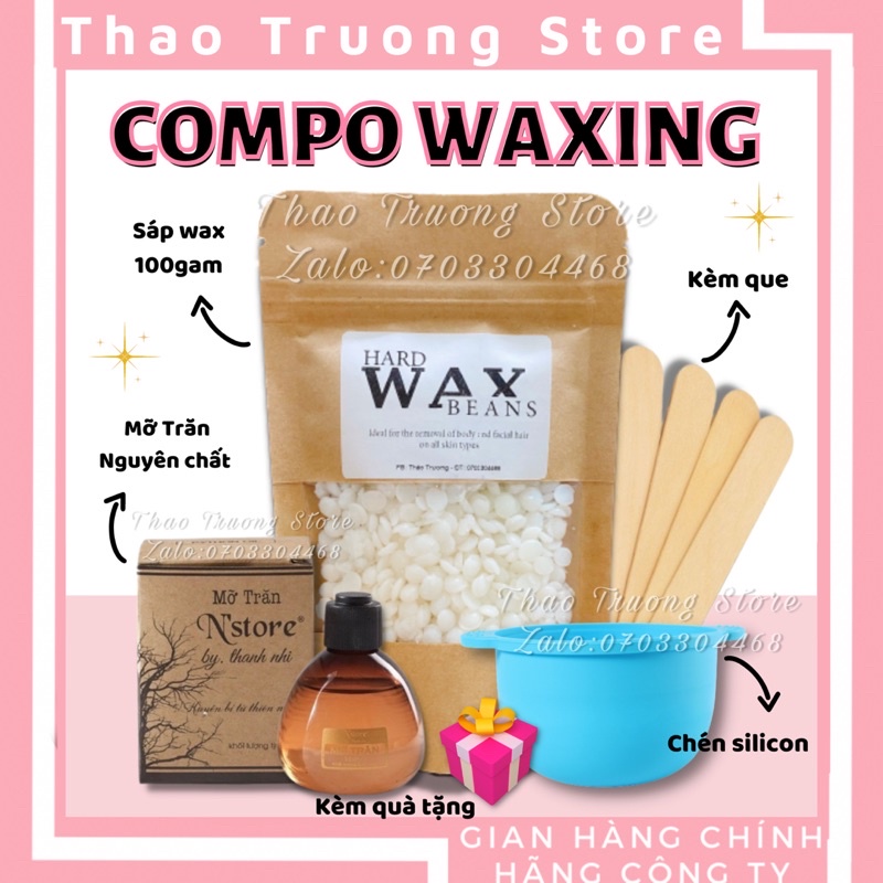 Compo Wax Mini. Sáp Wax Lông Hard Wax Beans + Mỡ trăn triệt lông + Chén Nấu Sáp Silicon Chịu Nhiệt Tốt