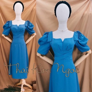 Đầm cổ vuông maxi nơ vai 4 màu