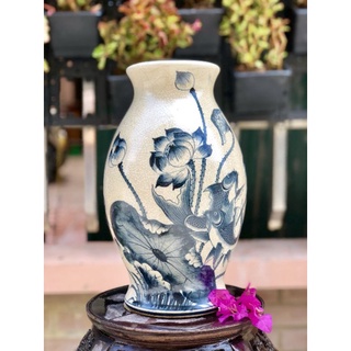 Bình hoa men rạn vẽ Hoa Sen_Bình Bông dáng Đu ĐỦ, gốm Bát Tràng trang tri Decor