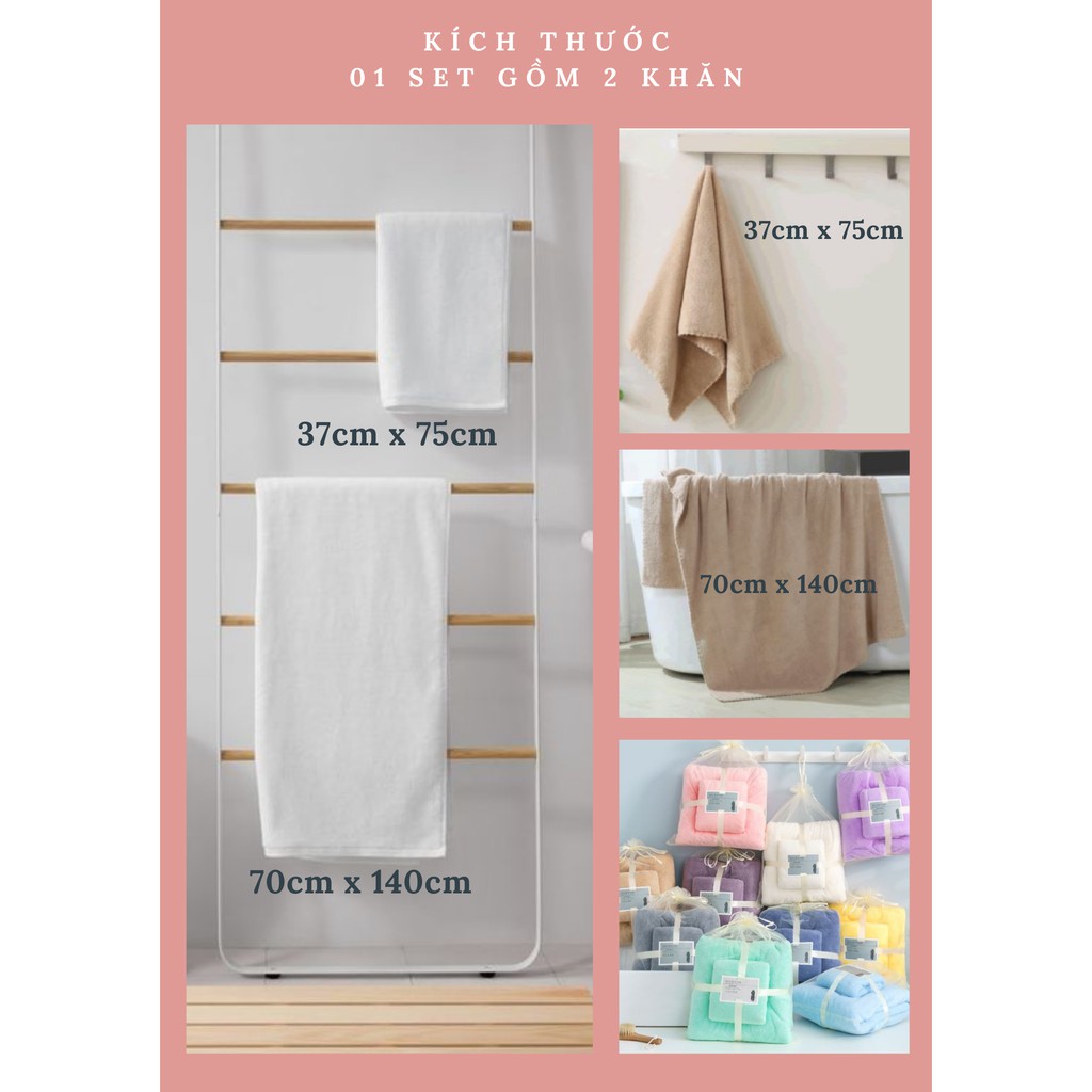 Combo 02 khăn tắm, khăn lau mặt cao cấp Hung Tubes với sợi bông cotton siêu dày thấm hút tốt, không đổ lông, không ra mà