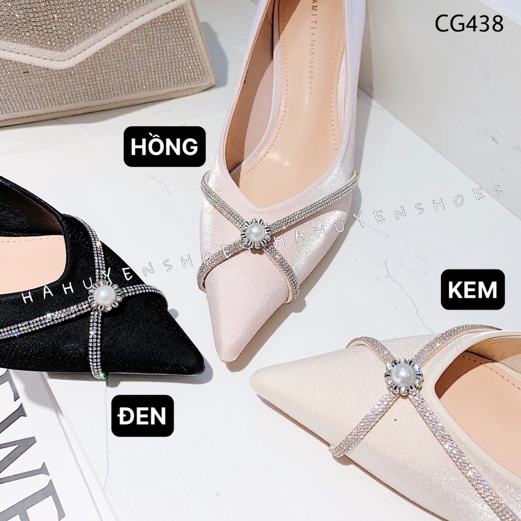 Giày cao gót lụa nữ Hà Huyền Shoes mũi nhọn đính đá chéo ngọc trai gót cong 5 phân - CG438