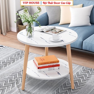Bàn Trà Sofa Gỗ Họa Tiết Đá Cẩm Thạch Hình Tròn 2 Tầng, Bàn Trà Đẹp Bằng Gỗ KT50x50cm BAT025