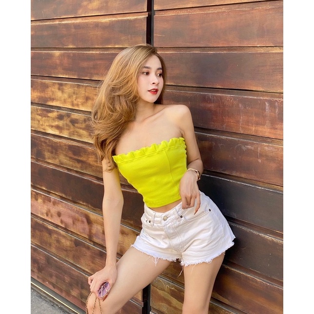 Áo ống croptop tube top quay thun gân co giãn màu vàng chanh rực rỡ