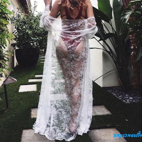 Áo Khoác Kimono Tay Dài Màu Trơn Phối Ren Xuyên Thấu Kèm Thắt Lưng Thời Trang Cho Nữ