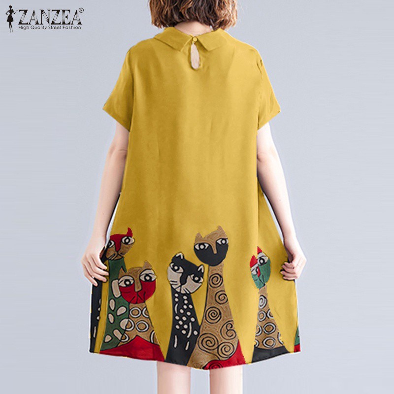 ZANZEA Đầm midi cổ rùa tay ngắn in hình động vật vintage cho nữ