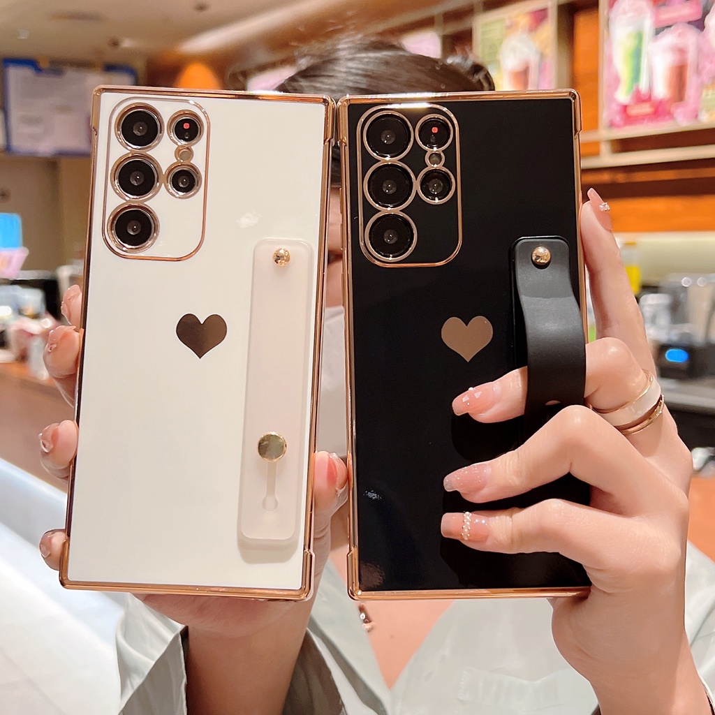 Ốp Điện Thoại Vuông Mềm Hình Trái Tim Dễ Thương Có Dây Đeo Cổ Tay Cho Samsung Galaxy A53 A13 A52 A12 5G S21 S22 Ultra Plus S21FE S20FE