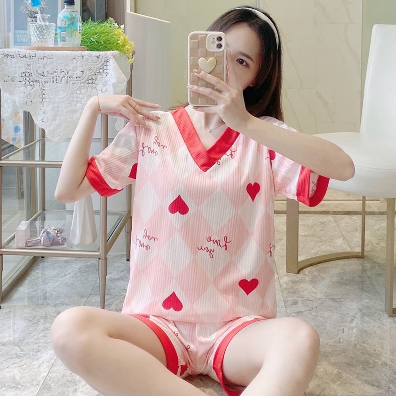 New V-collar pajamas, summer shorts, Korean version, lovely cartoon leisure, thin ladies' set, home clothes.