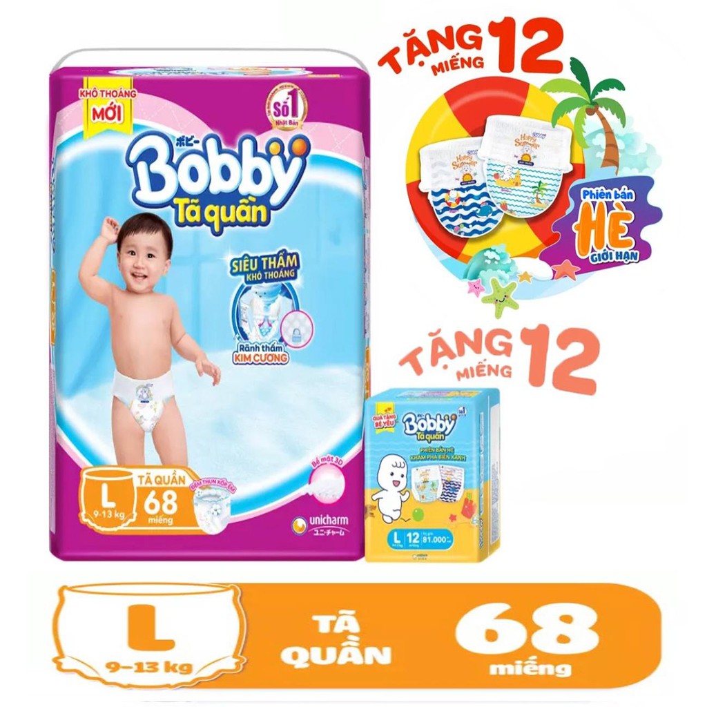 [PHIÊN BẢN HÈ GIỚI HẠN][TẶNG THÊM 12 MIẾNG] TẢ QUẦN BOBBY GÓI SIÊU LỚN ĐỦ SIZE M74,L68,XL62,XXL56