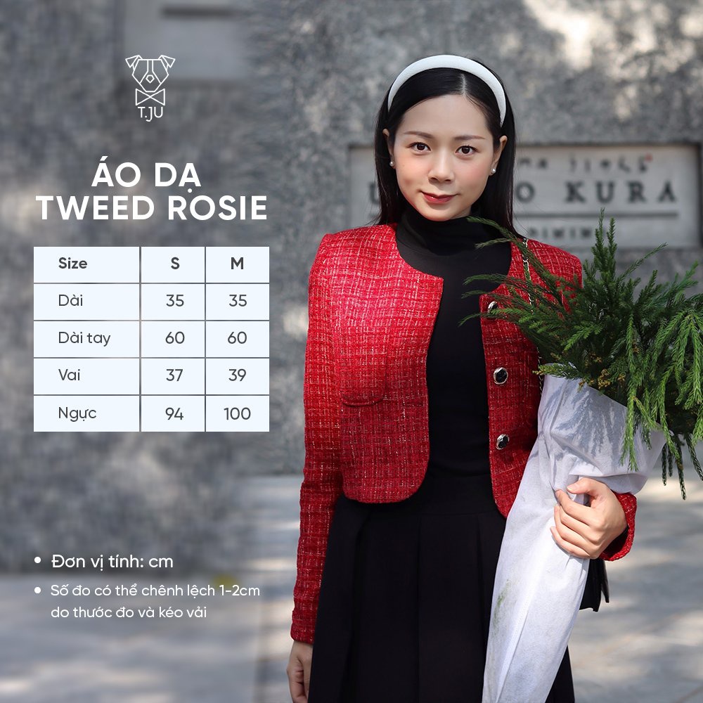 Áo khoác dạ tweed dài tay, Áo dạ tweed 1 lớp sang trọng, thu đông, Hàn Quốc, thiết kế T-Ju (áo Rosie)