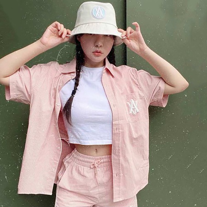 SET ADLV A LOGO EMBLEM PATCH STRIPE SHORT SLEEVE SHIRT PINK